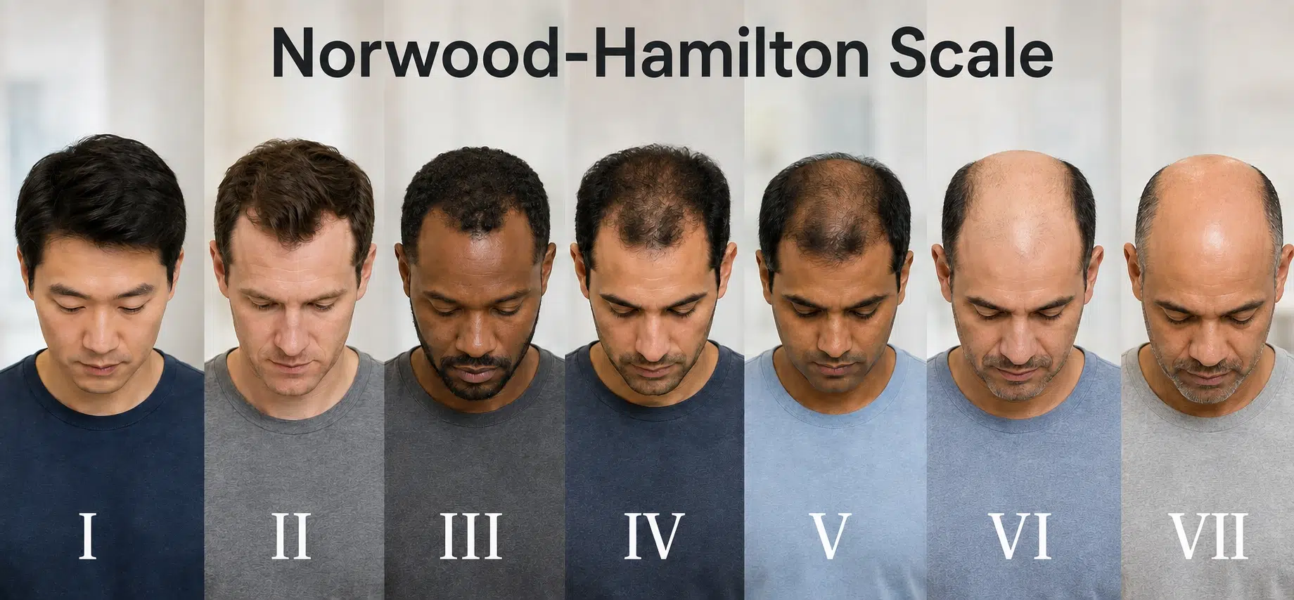 Norwood Scale diagram showing 7 stages of male pattern hair loss